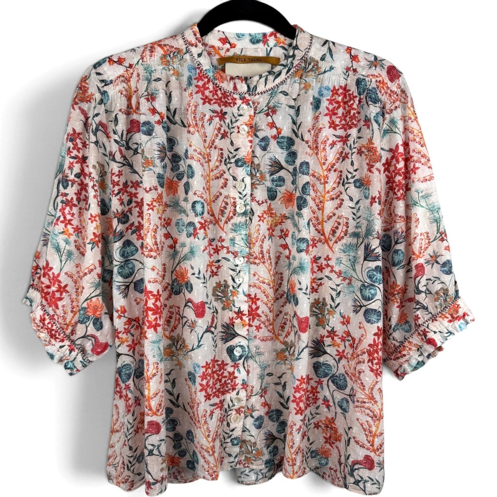 Chufy Nile Tales Floral Swiss Dot Blouse Size Large Boho Coastal Cottagecore Top